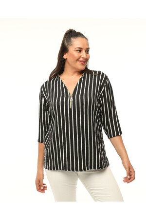 Plus-Size-Bluse mit Streifenmusterkragen und Reißverschluss - 1