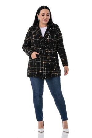 Plus-Size-Jacke mit zweireihigem Verschluss und Schlitz auf der Rückseite, gefüttert mit Tweed und Glitzer in schwarzem Senfgelb - 1