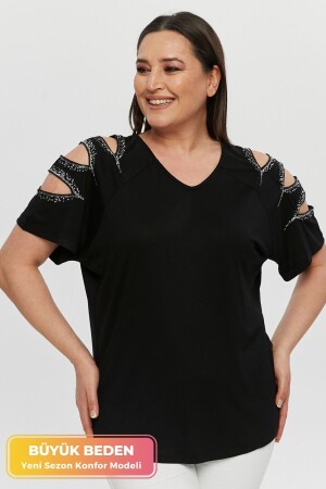 Plus Size Neue Saison Ärmel Pailletten Komfort Modell Kurzarm V-Ausschnitt Stilvolles Tunika-T-Shirt aus gekämmter Baumwolle - 1