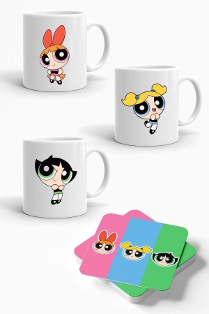 Powerpuff Girls Baskılı 3'lü Porselen Kupa Ve 3'lü Bardak Altlığı Seti KP00083 - 2