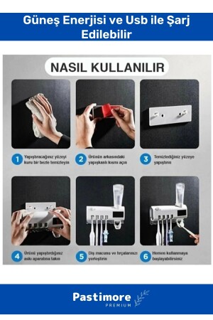 Pratik Usb Şarjlı Ve Güneş Enerjili Otomatik Diş Macunu Sıkacağı 4 Adet Diş Fırçalığı Tutucu Demonte Kolay Kurulum Sterilizatö Set - 4