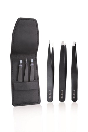 Professionelles Set aus 3 Pinzetten mit schwarzer Ledertasche - 1