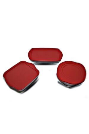 Quadratisches, rechteckiges, rundes, rotes Pyrexglas-Set mit Deckel, 3-teilig, 59001, 59034, 59006 - 4