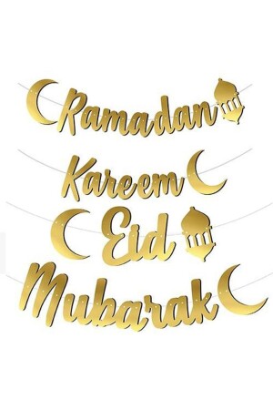 Ramadan Kareem Eid Mubarak Yazılı Kaligrafi Altın Renk Ramazan Kağıt Asma Süsü - 2