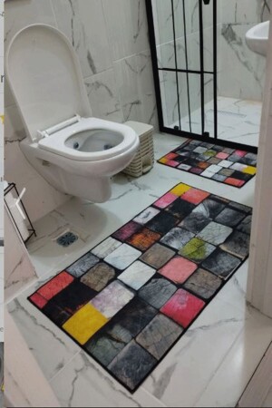 Renkli Banyo Paspası Klozet Takımı 2'li Kaymaz Tabanlı Set 1023 - 6