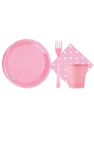 Rosa Party-Set mit 25 Plastikbechern, Gabeln und Tellern + 20 gepunkteten Servietten für 20–25 Personen - 3