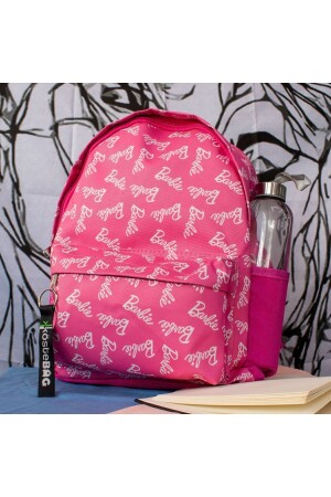 Rosafarbener Schulrucksack mit Barbie-Logo und Text-Collage und Wasserflaschenfach - 1