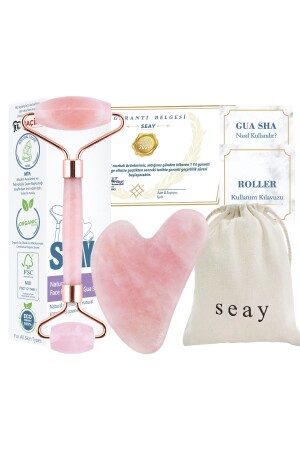 Rosenquarz-Gesichtsroller und rosa Herz-Gua-Sha-Gesichtsmassagegerät-Set, Naturstein-zertifiziert - 2