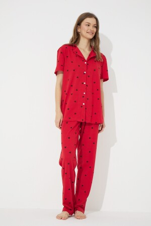 Rotes Kurzarm-Pyjama-Set aus Baumwolle mit Knöpfen - 2