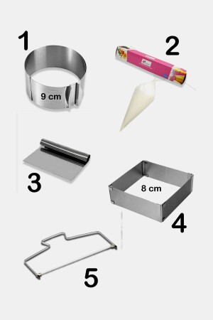 Runde und quadratische verstellbare Kuchenform + Schaber + Kuchendraht + Sahnebeutel, 5-teiliges Kuchenform-Set D28287 - 1