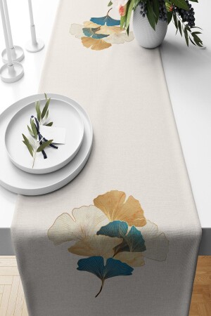 Runner Gold Ginkgo Desenli Süet Dokuma 140*40 Cm - 1