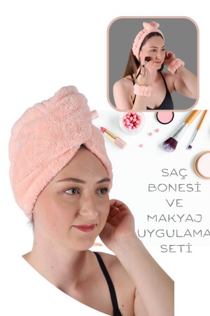 Saç Kurulama Bonesi Banyo Saç Kurulama Havlusu Ve Makyaj Uygulama Seti Pembe - 2