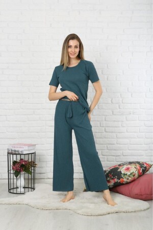 Saisonales kurzärmliges Damen-Pyjama-Set aus Cord in Petrolgrün - 1