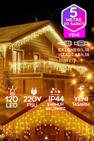 Sarı Led Işık Sarkıt 5 Metre 120 Led Saçak Iç & Dış Dekor Süsleme 220v Fişli Güvenli Led Su Geçirmez 6METRESARKIT220V - 1