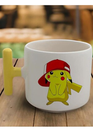 Sarı T Kulp Pikachu Tasarımlı Latte Fincan Modeli Ve Deri Bileklik Hediyeli ÖZG-00022 - 1