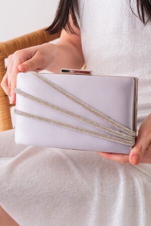 Satin-Silber, dreireihiges Abendkleid-Portfolio und Clutch-Tasche mit Steinen - 3