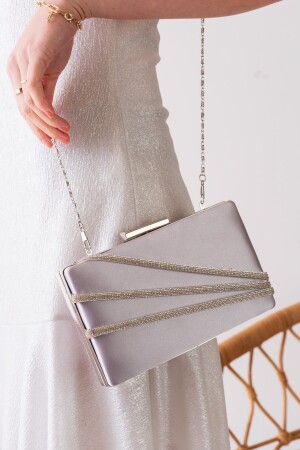 Satin-Silber, dreireihiges Abendkleid-Portfolio und Clutch-Tasche mit Steinen - 5