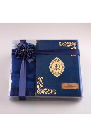 Schal-Gebetsteppich, Gebetsperlen, Koran-Geschenkset (mittlere Größe – Samt – Dunkelblau – Lafzatullah) - 2