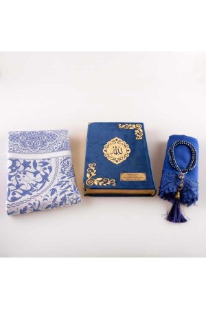 Schal-Gebetsteppich, Gebetsperlen, Koran-Geschenkset (mittlere Größe – Samt – Dunkelblau – Lafzatullah) - 4