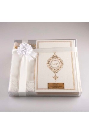 Schal + Gebetsteppich + Gebetsperlen + Koran-Geschenkset (mittlere Größe – Weiß) - 2