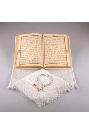 Schal + Gebetsteppich + Gebetsperlen + Koran-Geschenkset (mittlere Größe – Weiß) - 5