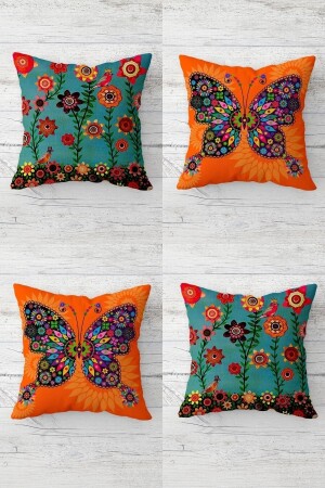 Schmetterling und Blumen gemusterter Vintage-Kissenbezug mit verstecktem Reißverschluss, Sofa-Kissenbezug-Set (4 Stück) - 2