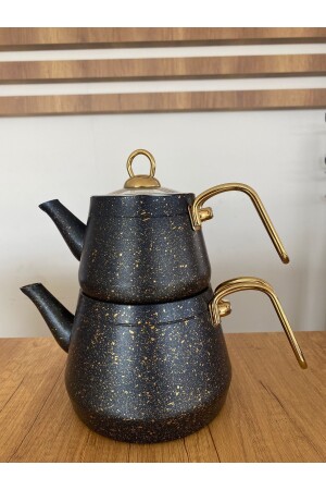 Schwarze 3-teilige Granit-Teekanne mit goldenem Metallgriff KSM-029 S - 2