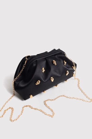 Schwarze Clutch-Abendtasche mit Totenkopfsteinen aus Satin und Stein - 2