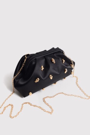 Schwarze Clutch-Abendtasche mit Totenkopfsteinen aus Satin und Stein - 3