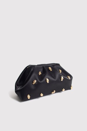 Schwarze Clutch-Abendtasche mit Totenkopfsteinen aus Satin und Stein - 5