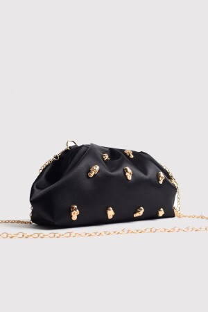 Schwarze Clutch-Abendtasche mit Totenkopfsteinen aus Satin und Stein - 6