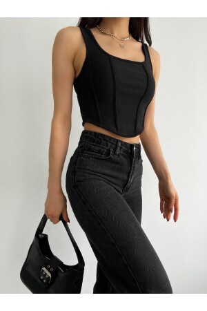 Schwarze Crop-Bluse für Damen im Korsett-Look mit quadratischem Ausschnitt - 1