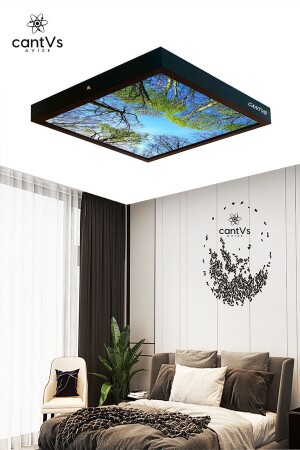 Schwarze Decke mit Holzrahmen, LED, 60 x 60 cm, Panel-Beleuchtung, Kronleuchter, Wohnzimmer, Schlafzimmer, Küche, weißes Licht YNİSYH01 - 2