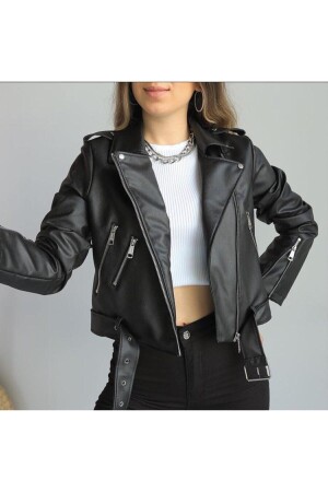 Schwarze Lederjacke im Mila-Stil mit Gürtel - 1