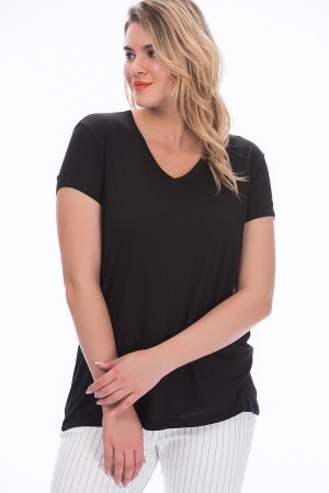 Schwarze Viskosebluse mit V-Ausschnitt für Damen in großen Größen 65n22538 - 1