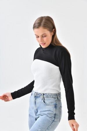 Schwarzer Stehkragen-Halskragen aus gekämmter Baumwolle, kurzes Bolero-Crop mit halbem Rollkragen und langen Ärmeln MRC014 - 9