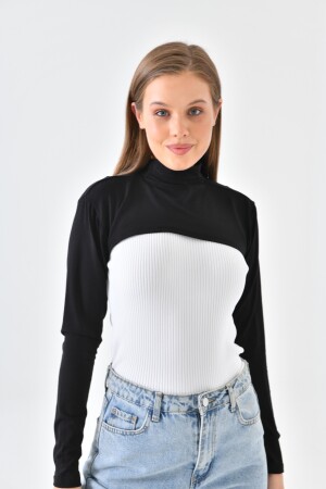 Schwarzer Stehkragen-Halskragen aus gekämmter Baumwolle, kurzes Bolero-Crop mit halbem Rollkragen und langen Ärmeln MRC014 - 10