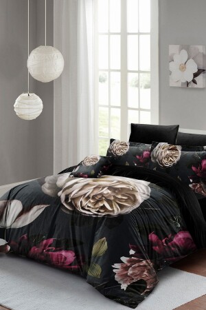 Schwarzes Blumen-Doppelbettbezug-Set aus 3D-Baumwollsatin monohome2341 - 5