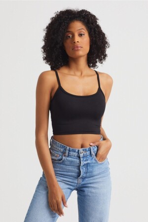 Schwarzes Crop-Top für Damen aus Scuba-Stoff mit Seilträgern - 1