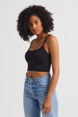 Schwarzes Crop-Top für Damen aus Scuba-Stoff mit Seilträgern - 3