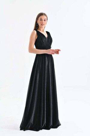 Schwarzes Damen-Abendkleid aus silbernem Tüll mit V-Ausschnitt NBS9223 - 1