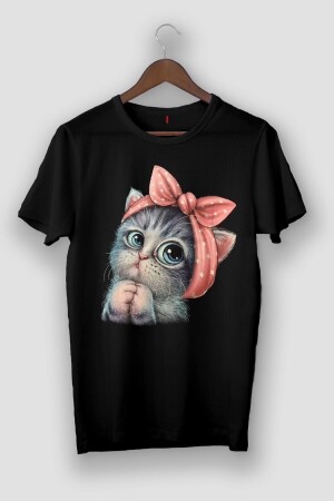 Schwarzes Damen-T-Shirt mit niedlicher kleiner Katze - 1