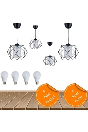 Schwarzes Design, weißes Glimmerglas, mehreckig, Wohnzimmer, Schlafzimmer, Kinderzimmer, 4 Stück Kronleuchter, 4 Stück LED-Glühbirne YVZ017 - 3