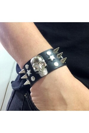 Schwarzes, detailgetreues Thorny Skull-Lederarmband KBL163 - 2