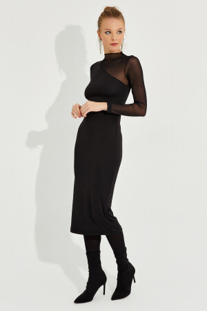 Schwarzes, detailliertes, asymmetrisches Midikleid aus Tüll für Damen EY2601 - 5