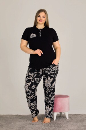 Schwarzes, kurzärmliges Pyjama-Set mit Blumenmuster in Übergröße - 1