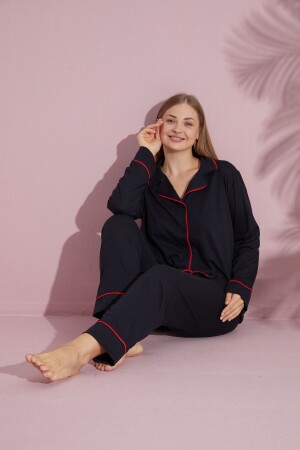 Schwarzes, langärmliges Pyjama-Set für Damen in Übergröße aus Baumwolle mit Knöpfen vorne - 1