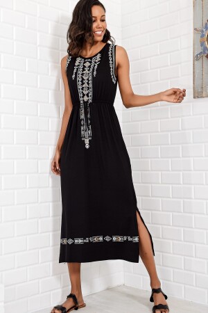 Schwarzes, mit Stickereien bedrucktes Bohemian-Kleid für Damen ALC-6564 - 1