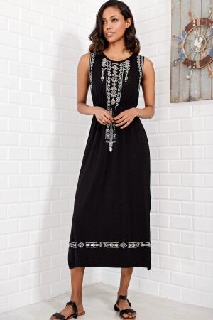 Schwarzes, mit Stickereien bedrucktes Bohemian-Kleid für Damen ALC-6564 - 2