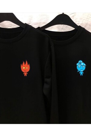 Schwarzes Rundhals-Sweatshirt mit doppelter Kombination aus Feuer und Wasser mit Aufdruck mancysateşvesubsktlyaka - 3